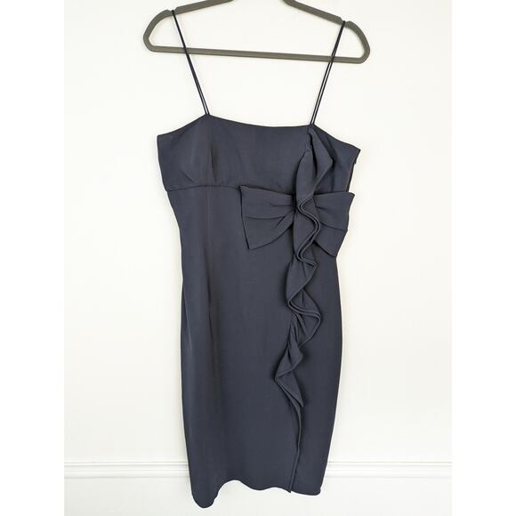 Valentino Dress Formal Bow Ruffle Satin Trim Evening Navy Blue Vintage Size 10 - Picture 2 of 15